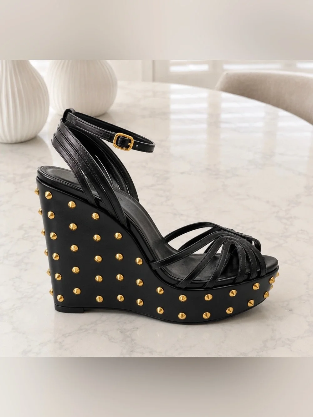 Gucci Black Leather Gold-Stud Wedge Sandals